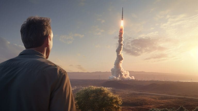 a man watching a rocket launch in the distance